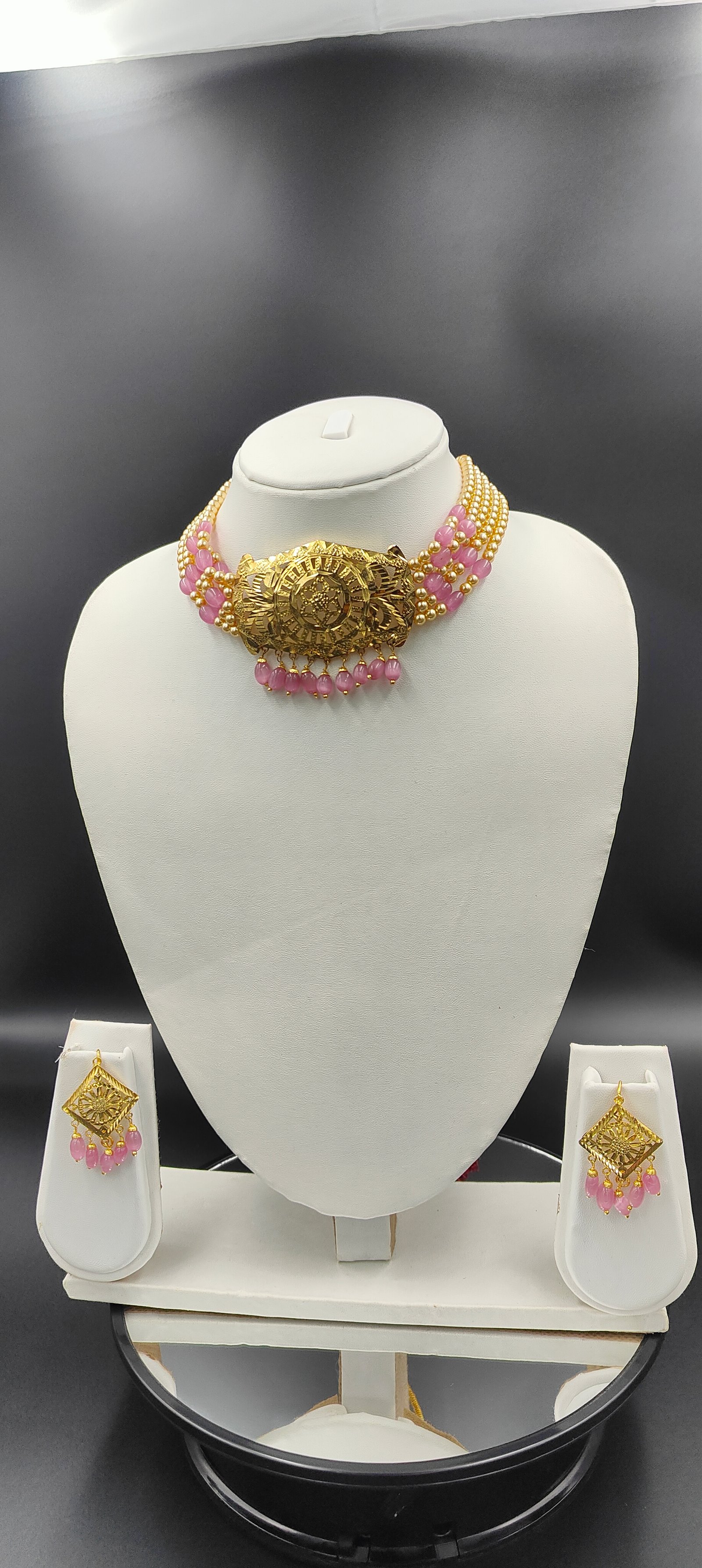 Indian Bridal Choker Necklace Set: Antique Gold, Pink Beads, Traditional Ethnic Wedding Wear