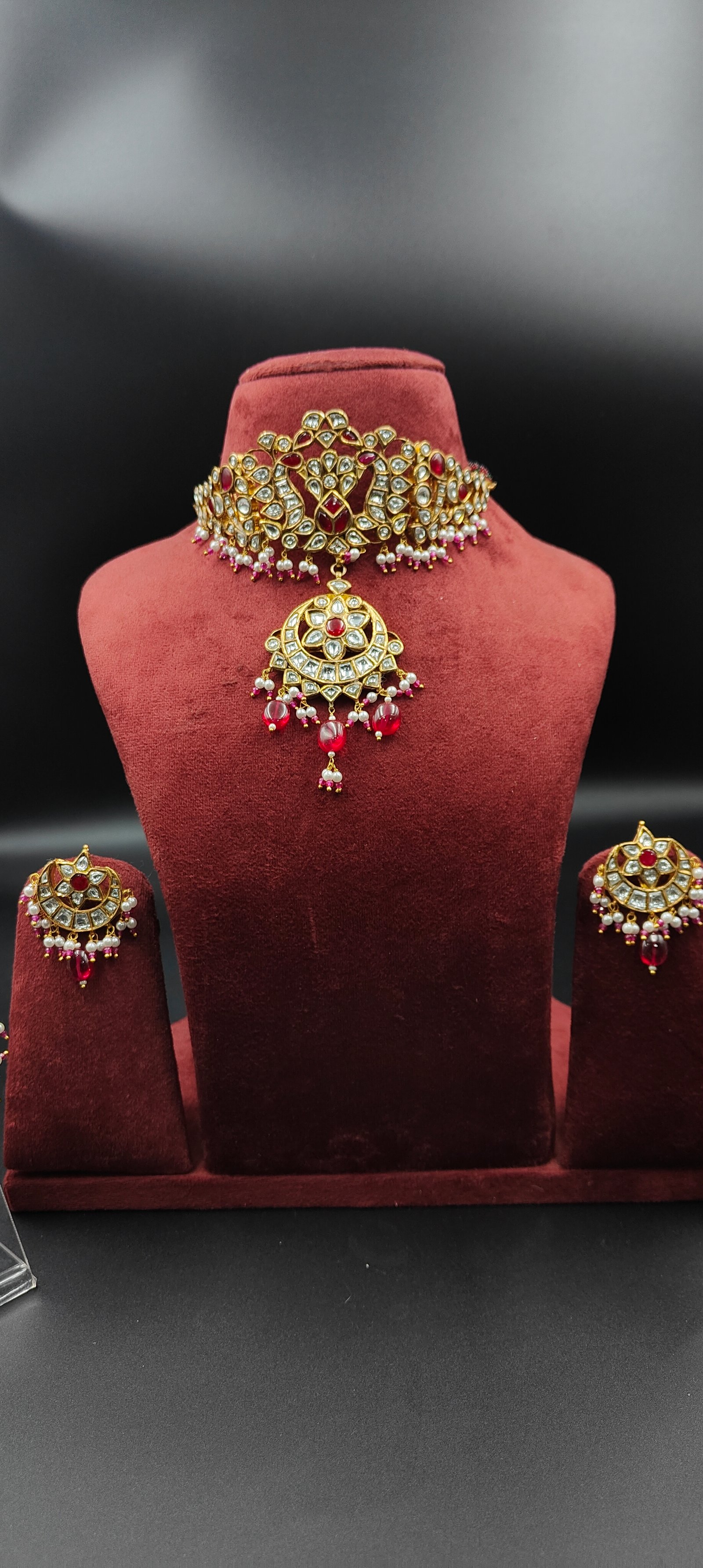 Indian Bridal Kundan Choker Set Gold Wedding Jewelry Red Stone Necklace Maang Tikka Passa Ethnic Designer Set