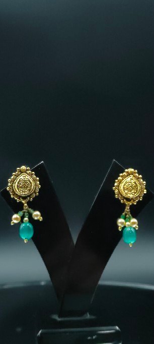 Traditional Gold Drop Earrings with Green Stone & Pearl Dangles | Indian Ethnic Jewelry for Wedding & Festive Wear