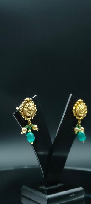 Traditional Gold Drop Earrings with Green Stone & Pearl Dangles | Indian Ethnic Jewelry for Wedding & Festive Wear