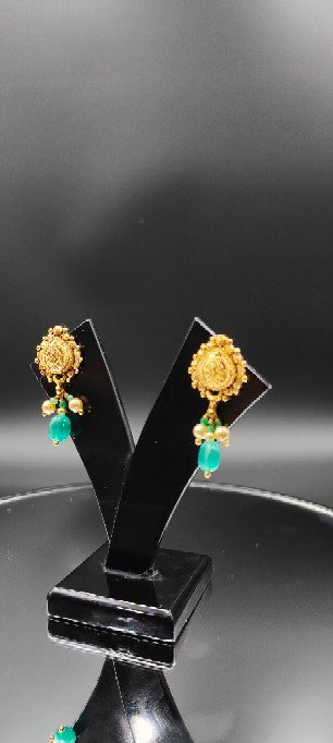 Traditional Gold Drop Earrings with Green Stone & Pearl Dangles | Indian Ethnic Jewelry for Wedding & Festive Wear