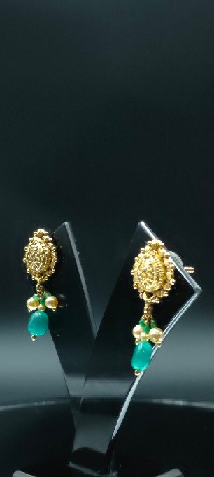 Traditional Gold Drop Earrings with Green Stone & Pearl Dangles | Indian Ethnic Jewelry for Wedding & Festive Wear