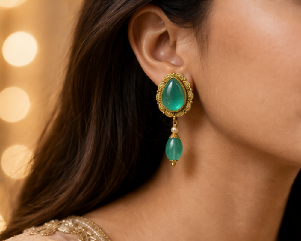 Green Stone Gold Drop Earrings with Pearl Dangles | Traditional Indian Ethnic Jewelry for Women