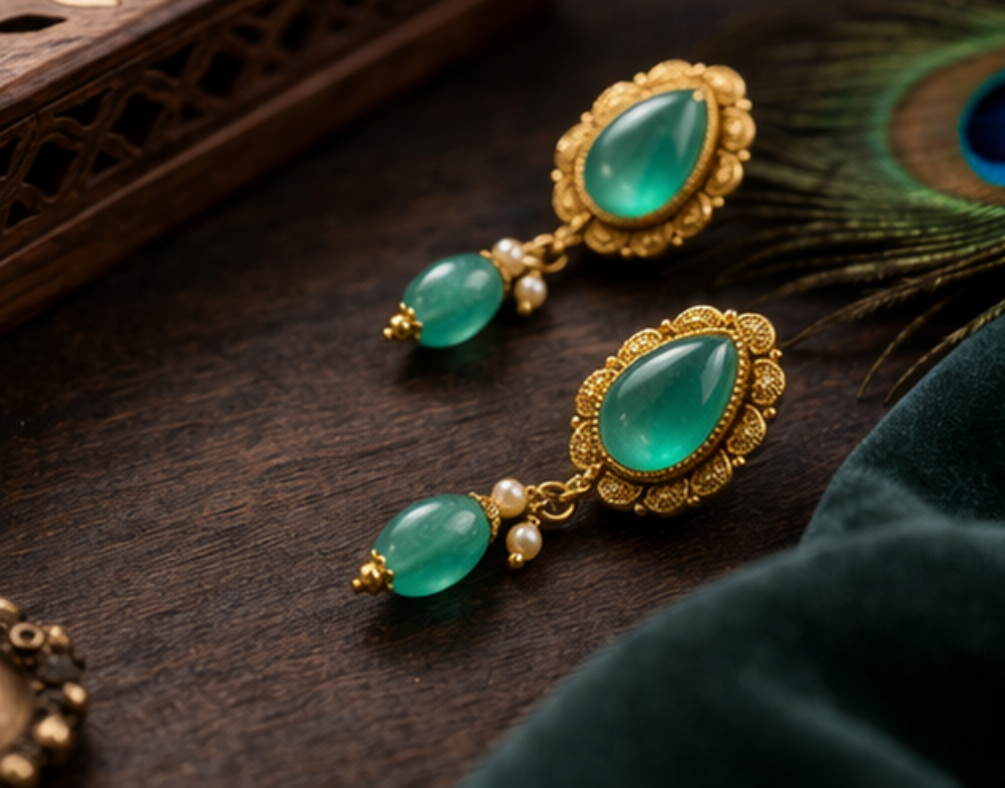 Green Stone Gold Drop Earrings with Pearl Dangles | Traditional Indian Ethnic Jewelry for Women