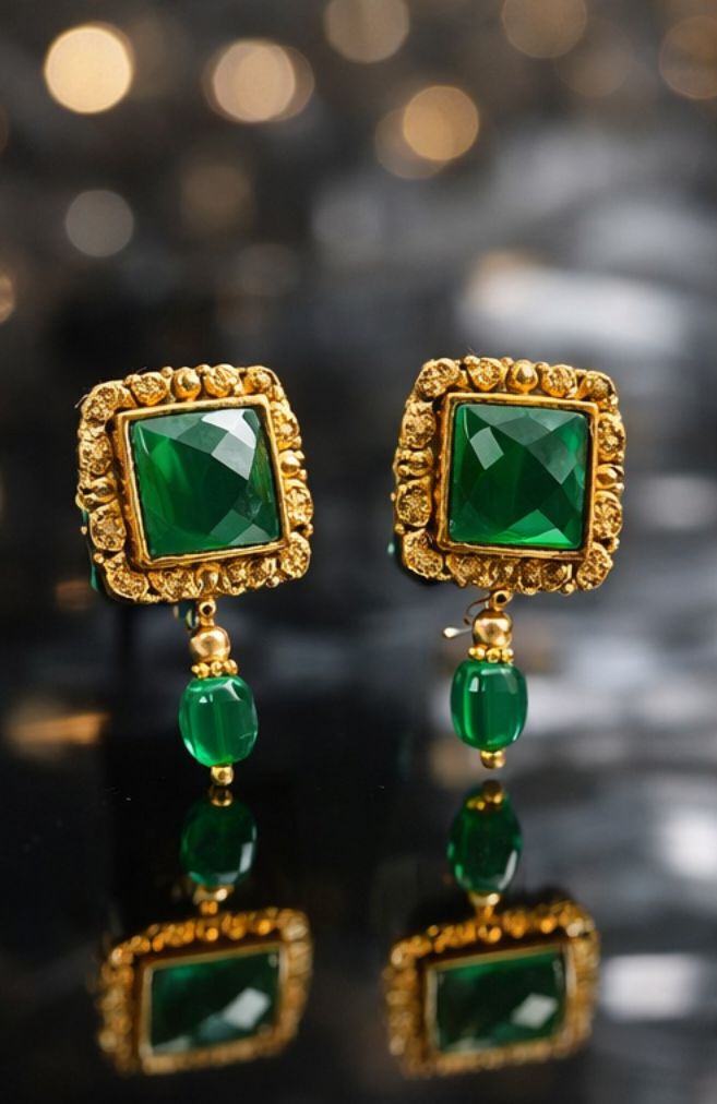 Emerald Green Drop Earrings Gold Bridal Jewelry Square Stud Dangle Ethnic Wedding Earrings Indian Designer Party Wear Gift