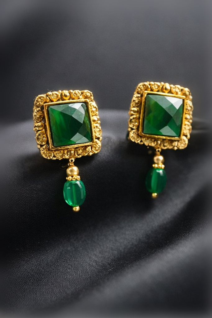 Emerald Green Drop Earrings Gold Bridal Jewelry Square Stud Dangle Ethnic Wedding Earrings Indian Designer Party Wear Gift