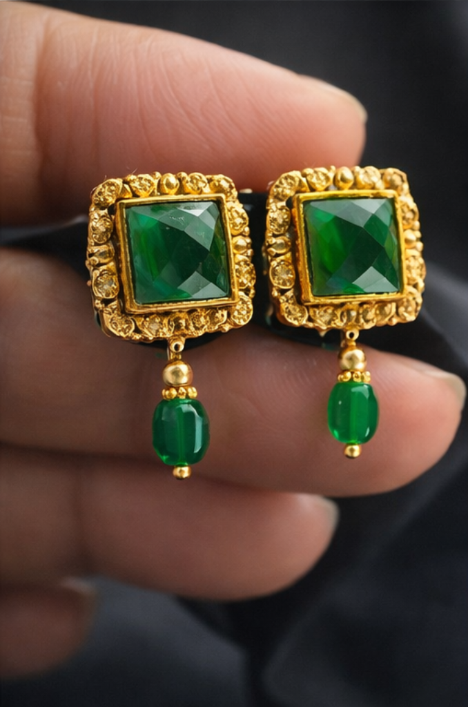 Emerald Green Drop Earrings Gold Bridal Jewelry Square Stud Dangle Ethnic Wedding Earrings Indian Designer Party Wear Gift