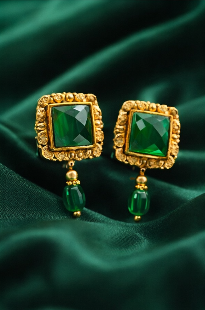 Emerald Green Drop Earrings Gold Bridal Jewelry Square Stud Dangle Ethnic Wedding Earrings Indian Designer Party Wear Gift