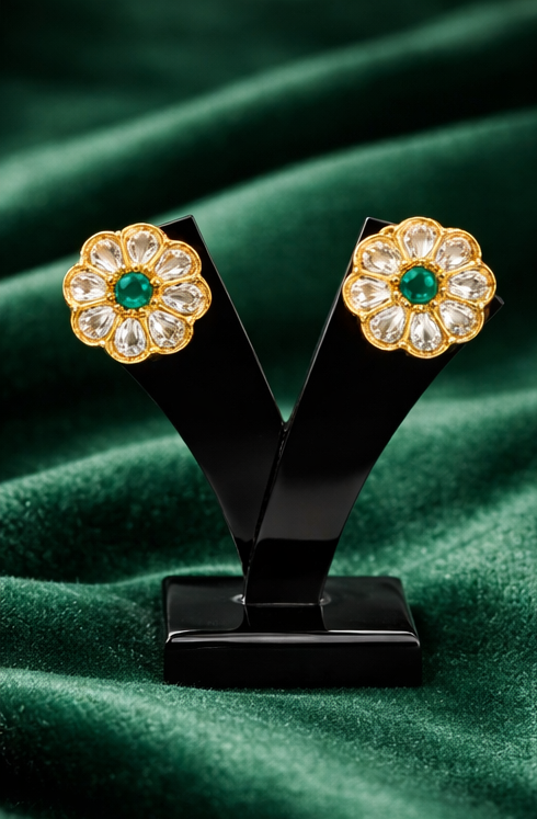 Emerald Flower Stud Earrings 925 Sterling Silver Gold Plated Diamond Kundan Style Bridal Jewelry Green Stone Tops Wedding Gift