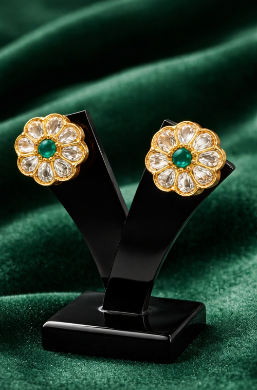 Emerald Flower Stud Earrings 925 Sterling Silver Gold Plated Diamond Kundan Style Bridal Jewelry Green Stone Tops Wedding Gift