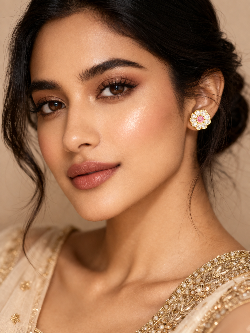 925 Sterling Silver Kundan TOPS Earrings Gold Floral Pink Stone Jewelry Indian Wedding Earrings Minimal Bridal Gift for Women