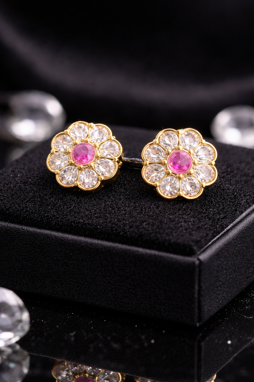 925 Sterling Silver Kundan TOPS Earrings Gold Floral Pink Stone Jewelry Indian Wedding Earrings Minimal Bridal Gift for Women