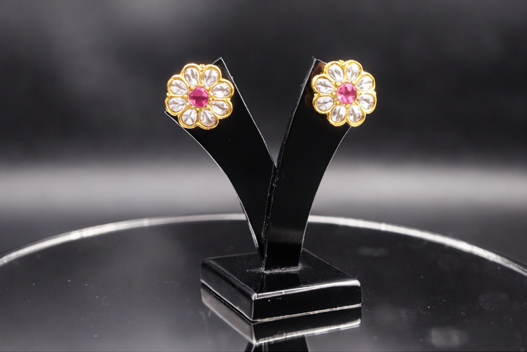 925 Sterling Silver Kundan TOPS Earrings Gold Floral Pink Stone Jewelry Indian Wedding Earrings Minimal Bridal Gift for Women