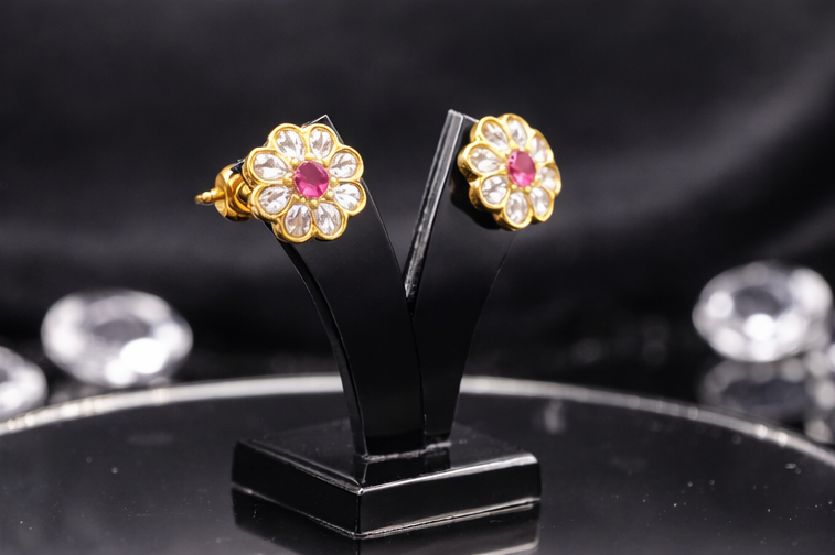 925 Sterling Silver Kundan TOPS Earrings Gold Floral Pink Stone Jewelry Indian Wedding Earrings Minimal Bridal Gift for Women