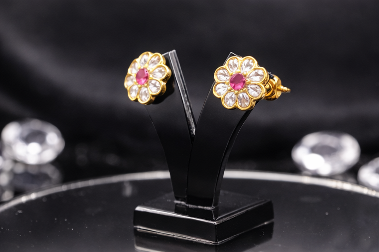 925 Sterling Silver Kundan TOPS Earrings Gold Floral Pink Stone Jewelry Indian Wedding Earrings Minimal Bridal Gift for Women