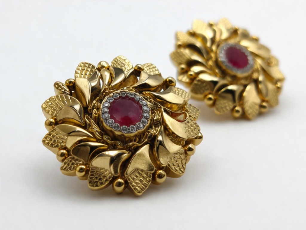 925 Sterling Silver 24k Gold Plated Floral Stud Earrings Ruby Stone Indian Bridal Wedding Jewelry Elegant Gift for Women