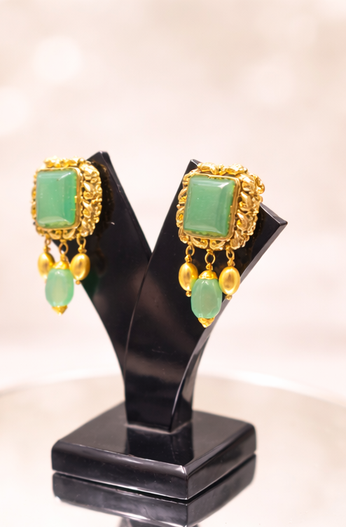 Green Stone Gold Earrings 925 Sterling Silver Earrings Minimal Bridal Jewelry Indian Ethnic Handmade Gift for Women