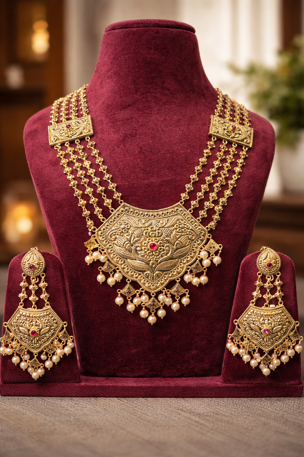 24K Gold Plated Sterling Silver Bridal Necklace Set – Raani Haar Pearl Ruby Ethnic Jewelry