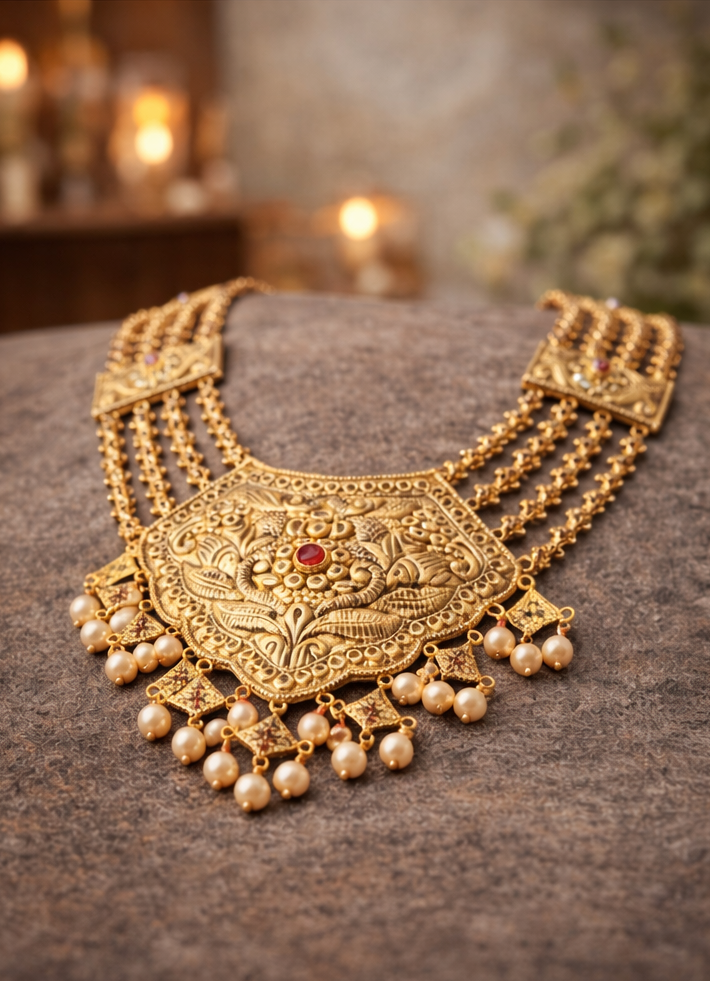 24K Gold Plated Sterling Silver Bridal Necklace Set – Raani Haar Pearl Ruby Ethnic Jewelry