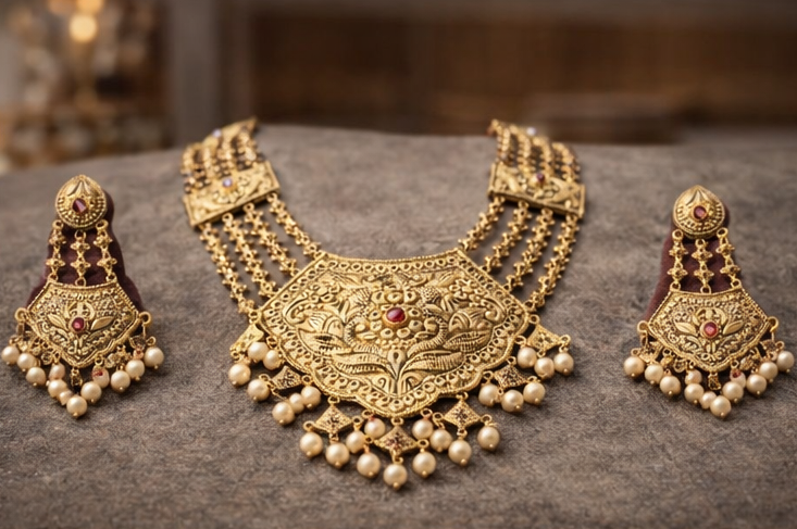 24K Gold Plated Sterling Silver Bridal Necklace Set – Raani Haar Pearl Ruby Ethnic Jewelry