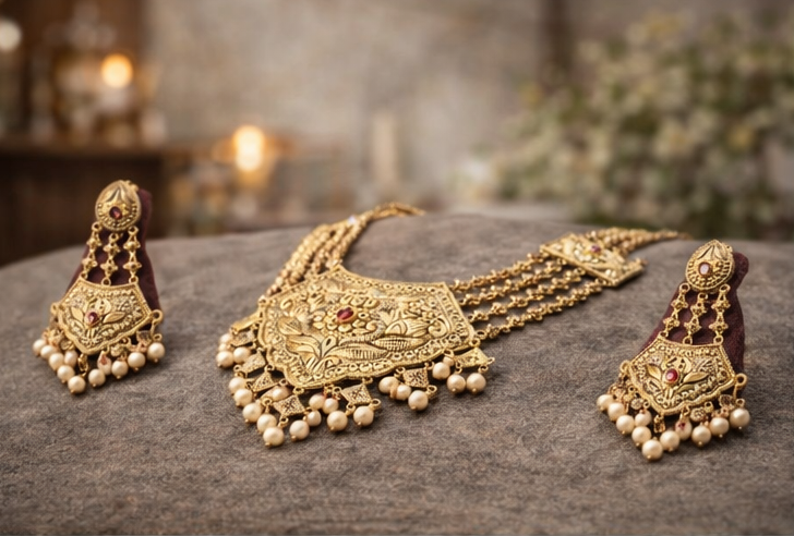 24K Gold Plated Sterling Silver Bridal Necklace Set – Raani Haar Pearl Ruby Ethnic Jewelry