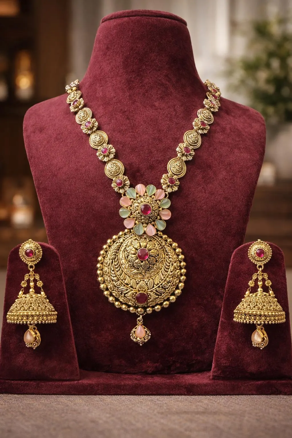 Indian Bridal Necklace Set, Ruby Pendant, Temple Jewelry Haar, Kundan Wedding Accessory