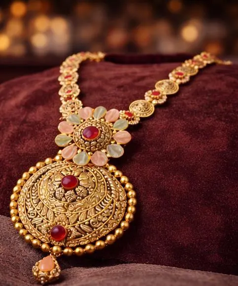 Indian Bridal Necklace Set, Ruby Pendant, Temple Jewelry Haar, Kundan Wedding Accessory