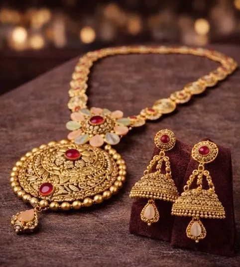Indian Bridal Necklace Set, Ruby Pendant, Temple Jewelry Haar, Kundan Wedding Accessory