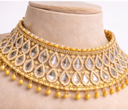 Polki Bridal Choker Set, Sterling Silver Gold Plated Necklace Earrings Maang Tikka, Wedding Jewelry