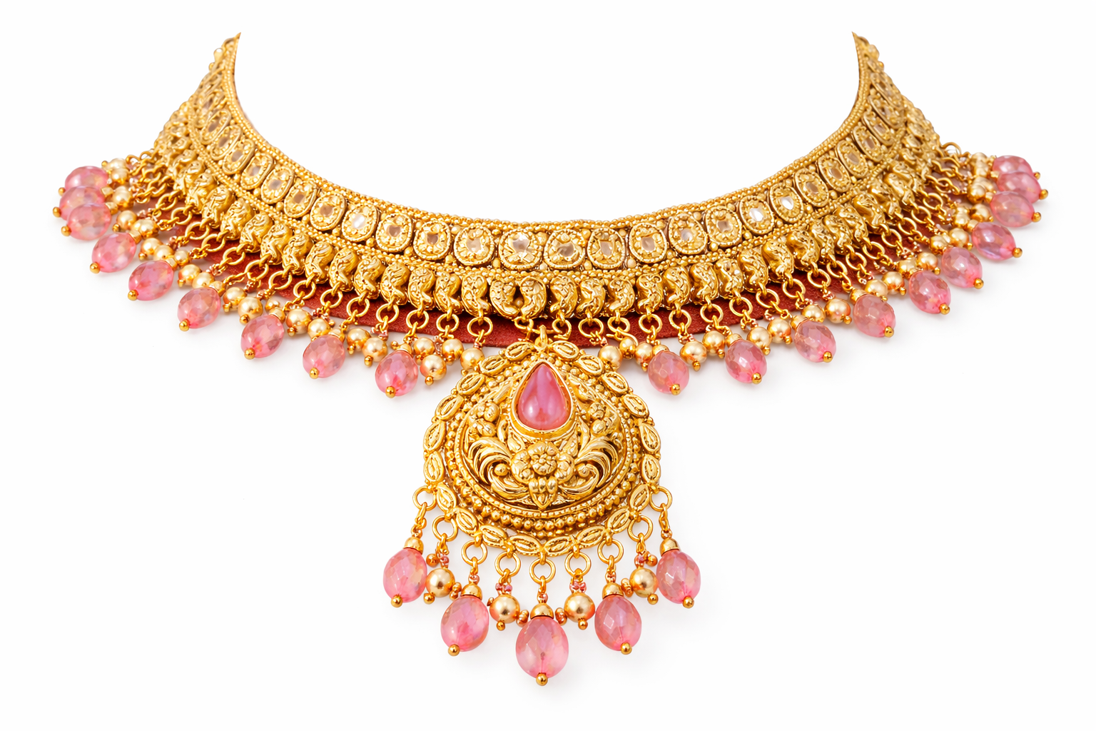 Indian Bridal Kundan Choker Set, Antique Gold Pink Stone Necklace Earrings Maang Tikka