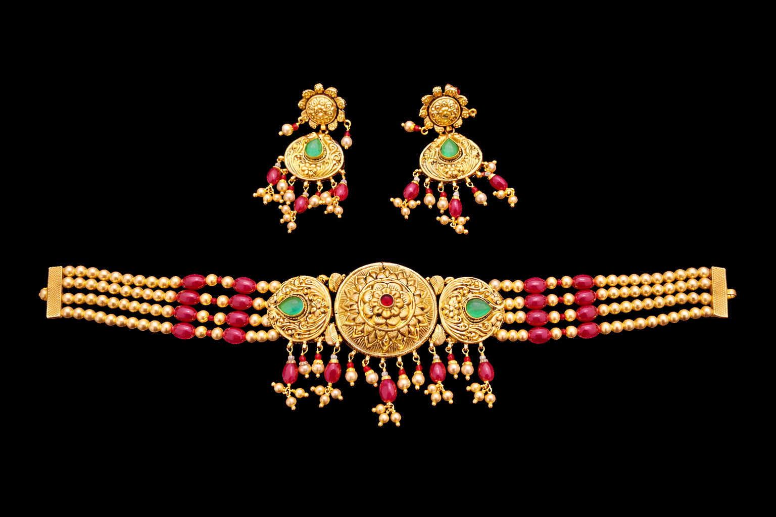 925 Sterling Silver 24 Carat Gold Plated Kundan Choker Necklace Set with Earrings | Traditional Indian Bridal Jewelry | Ruby Emerald Statement Set