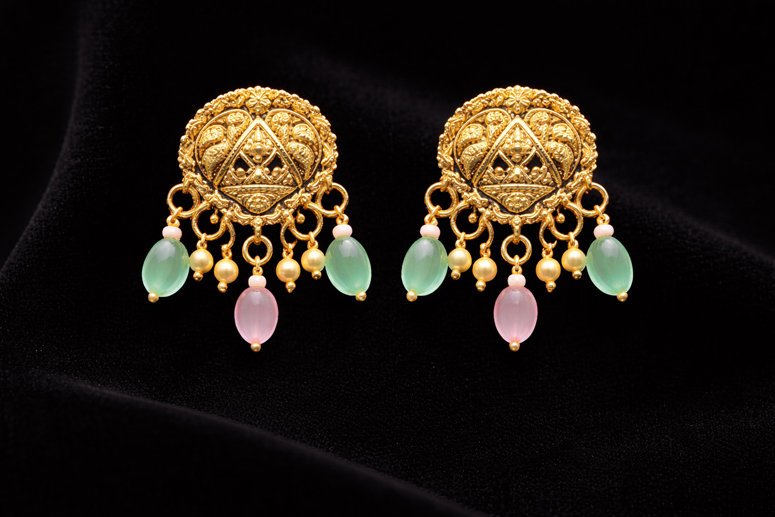 925 Sterling Silver Gold Plated Temple Necklace Set with Earrings | Multi Strand Beaded Choker | Bridal Indian Jewelry | Green Pink Stone Necklace