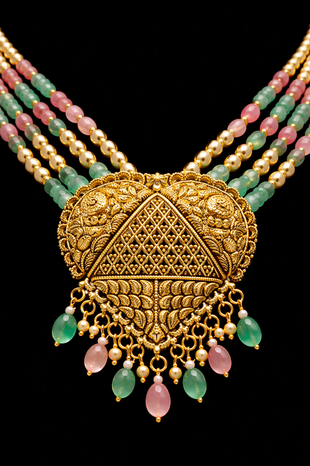 925 Sterling Silver Gold Plated Temple Necklace Set with Earrings | Multi Strand Beaded Choker | Bridal Indian Jewelry | Green Pink Stone Necklace