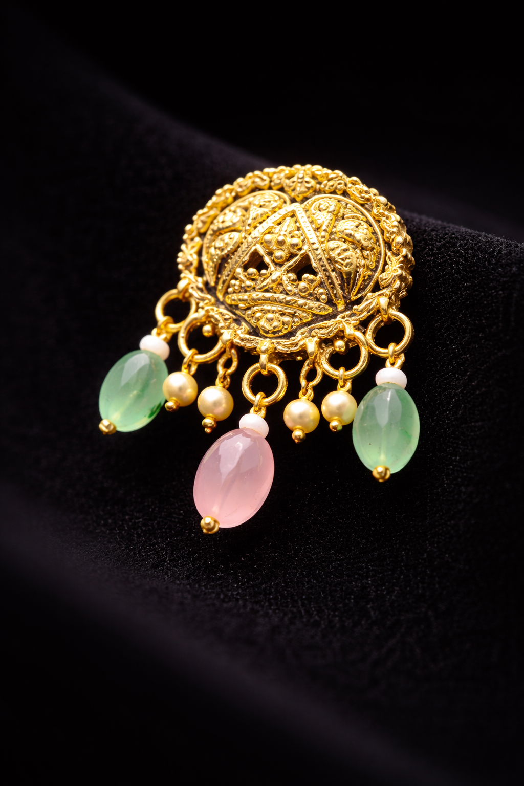 925 Sterling Silver Gold Plated Temple Necklace Set with Earrings | Multi Strand Beaded Choker | Bridal Indian Jewelry | Green Pink Stone Necklace