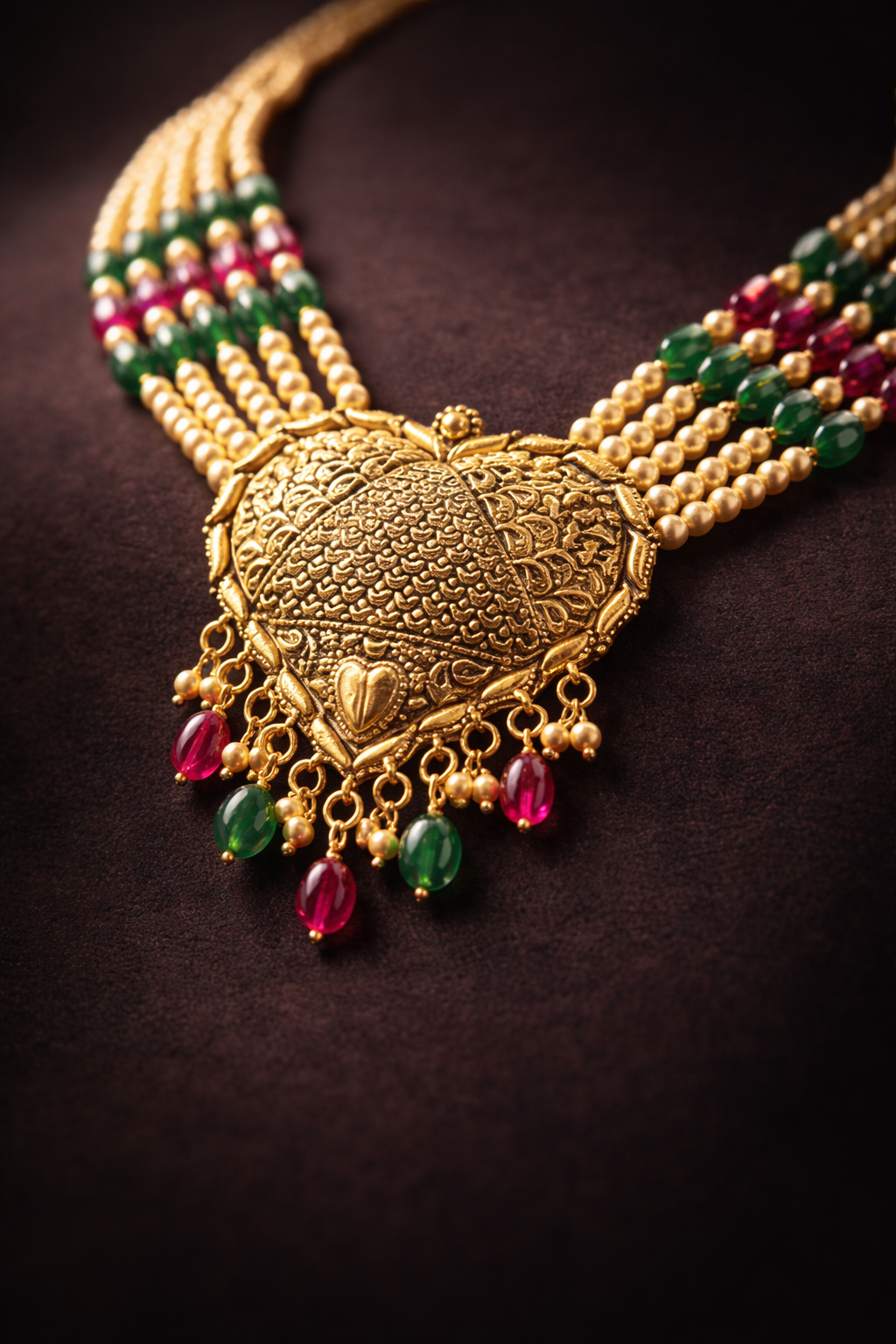 925 Sterling Silver Gold Plated Temple Necklace Set with Earrings | Multi Strand Pearl Choker | Traditional Bridal Jewelry | Green Red Stone Necklace