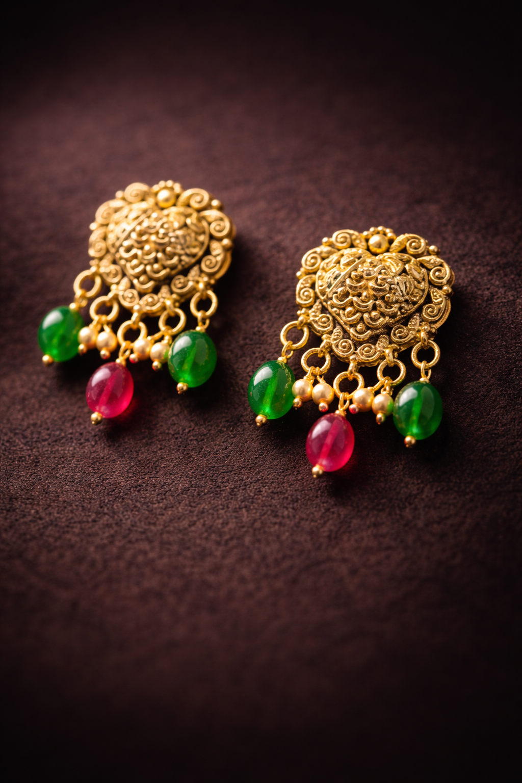 925 Sterling Silver Gold Plated Temple Necklace Set with Earrings | Multi Strand Pearl Choker | Traditional Bridal Jewelry | Green Red Stone Necklace