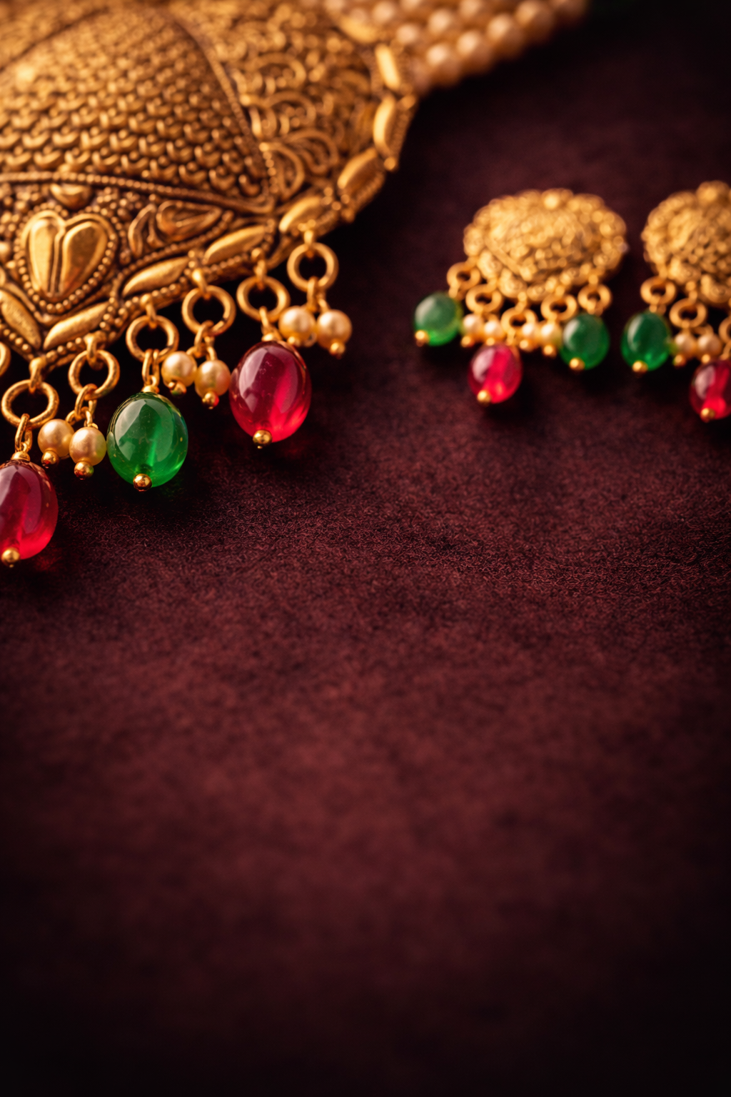 925 Sterling Silver Gold Plated Temple Necklace Set with Earrings | Multi Strand Pearl Choker | Traditional Bridal Jewelry | Green Red Stone Necklace