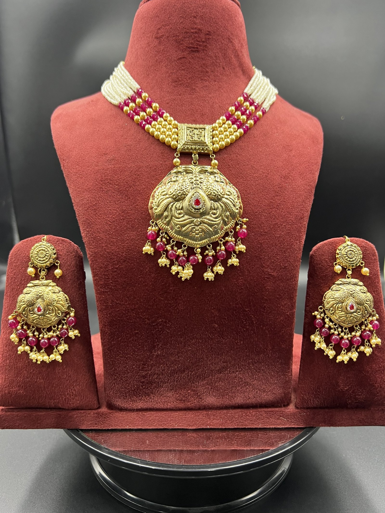 925 Sterling Silver Temple Necklace Set with Ruby Beads | Antique Gold Plated Choker Set | Bridal Indian Jewelry | Statement Pendant Set