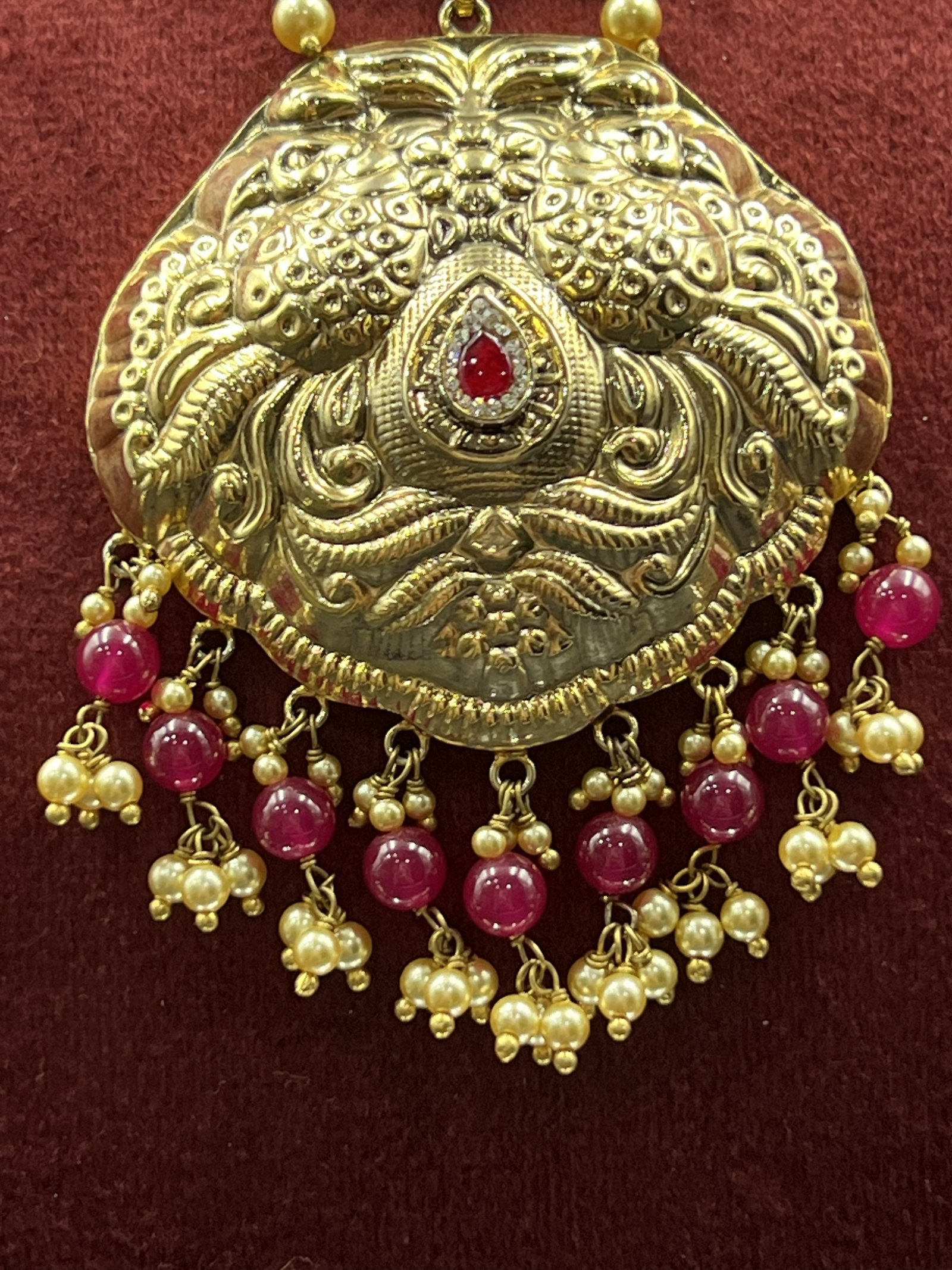 925 Sterling Silver Temple Necklace Set with Ruby Beads | Antique Gold Plated Choker Set | Bridal Indian Jewelry | Statement Pendant Set