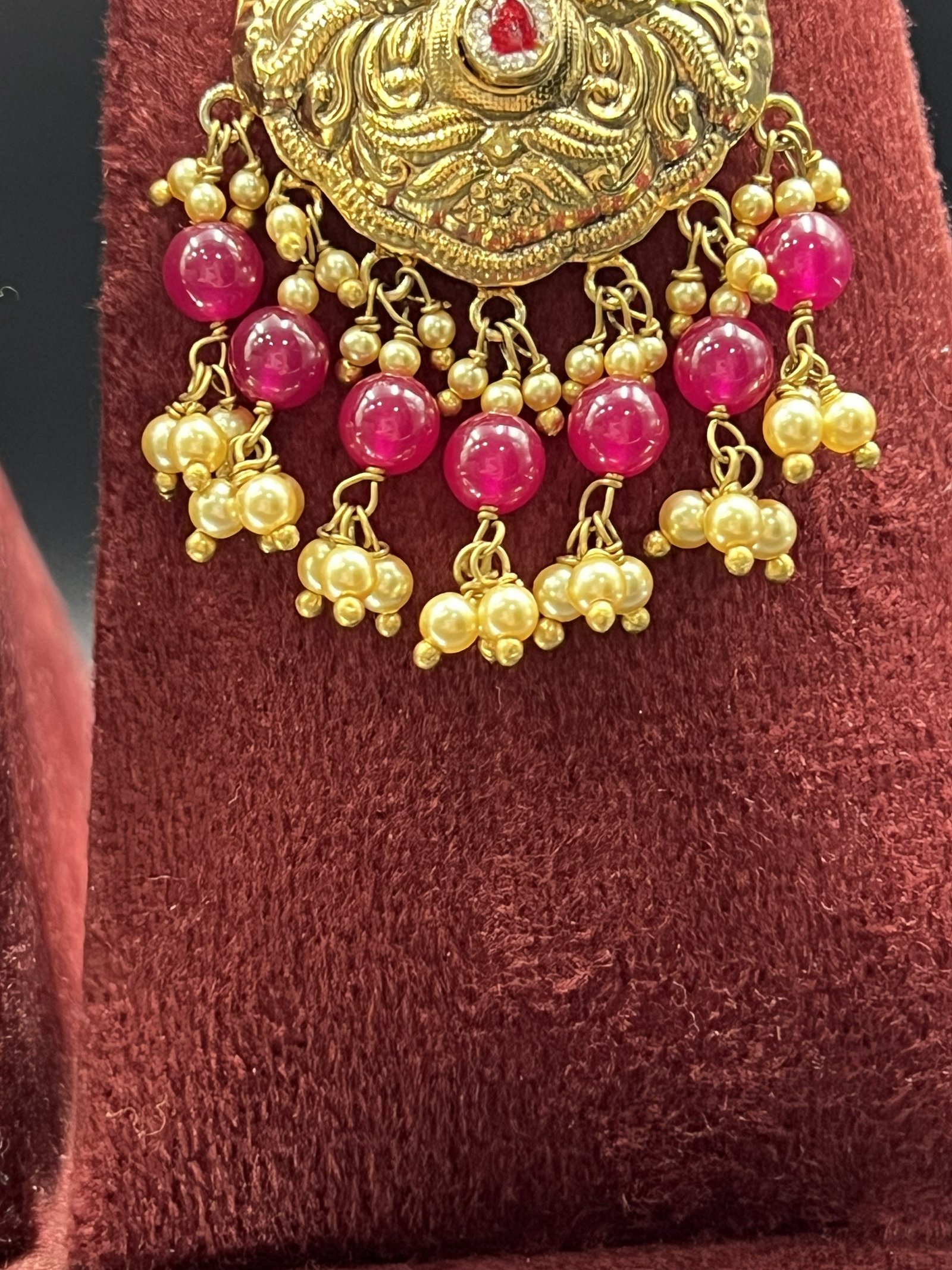 925 Sterling Silver Temple Necklace Set with Ruby Beads | Antique Gold Plated Choker Set | Bridal Indian Jewelry | Statement Pendant Set