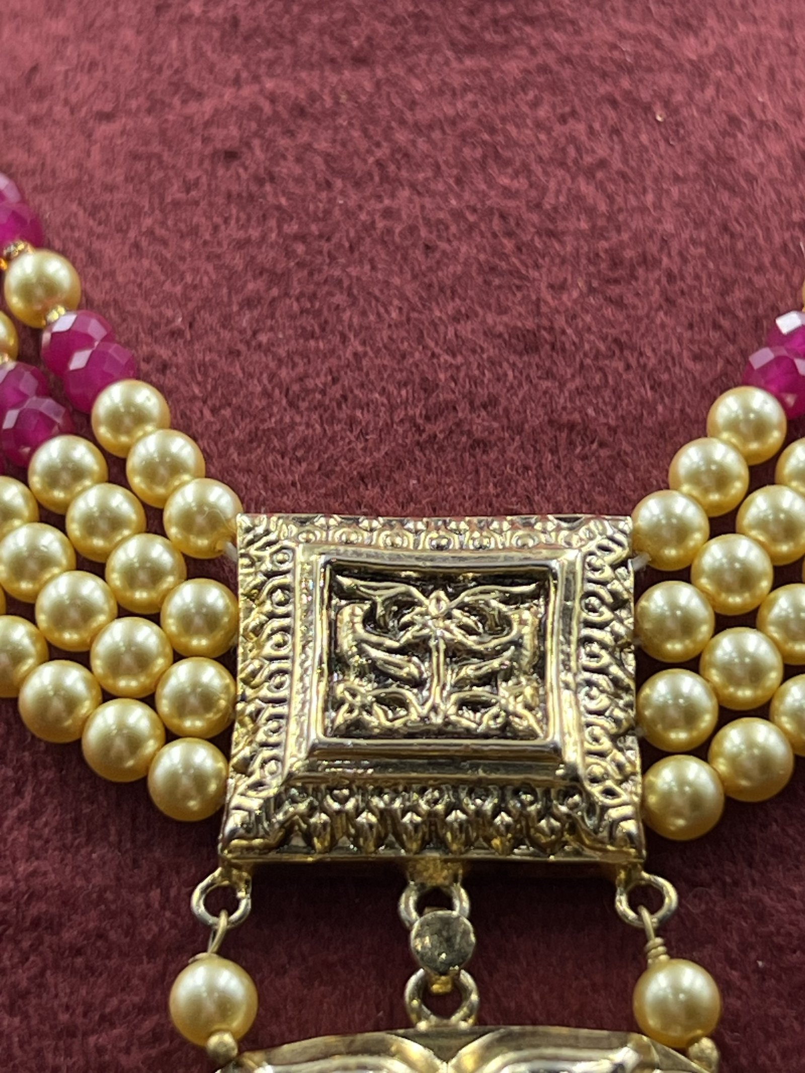 925 Sterling Silver Temple Necklace Set with Ruby Beads | Antique Gold Plated Choker Set | Bridal Indian Jewelry | Statement Pendant Set