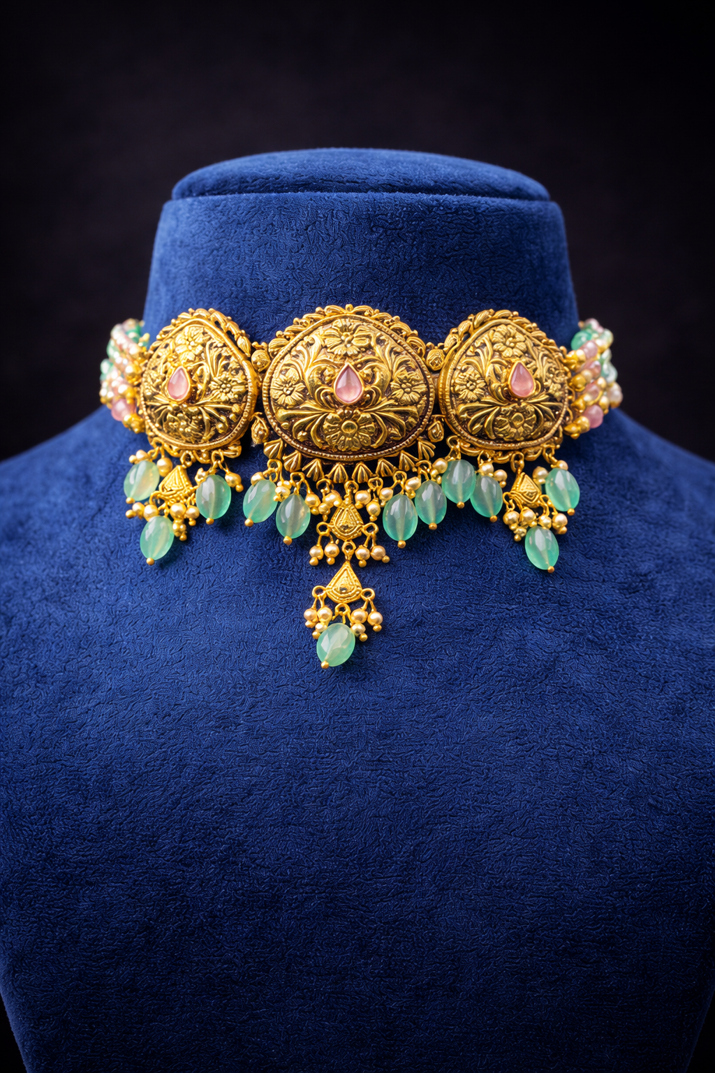 925 Sterling Silver Antique Choker Necklace Set with Green Beads | Gold Plated Ethnic Jewelry | Anantra