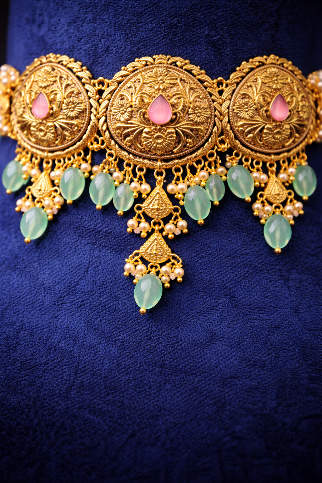 925 Sterling Silver Antique Choker Necklace Set with Green Beads | Gold Plated Ethnic Jewelry | Anantra