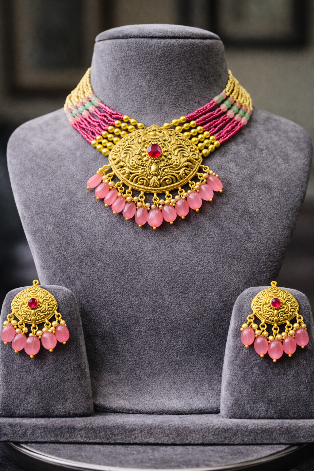 925 Sterling Silver Pink Beads Choker Necklace Set | Gold Plated Ethnic Jewelry | Anantra India