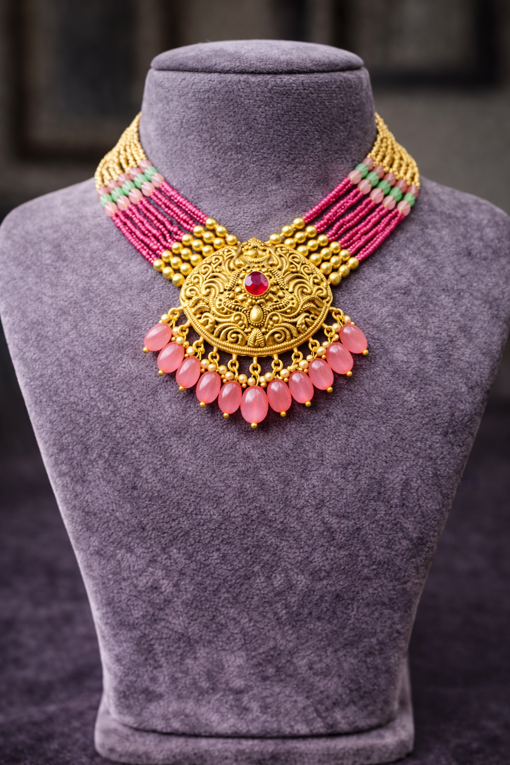 925 Sterling Silver Pink Beads Choker Necklace Set | Gold Plated Ethnic Jewelry | Anantra India