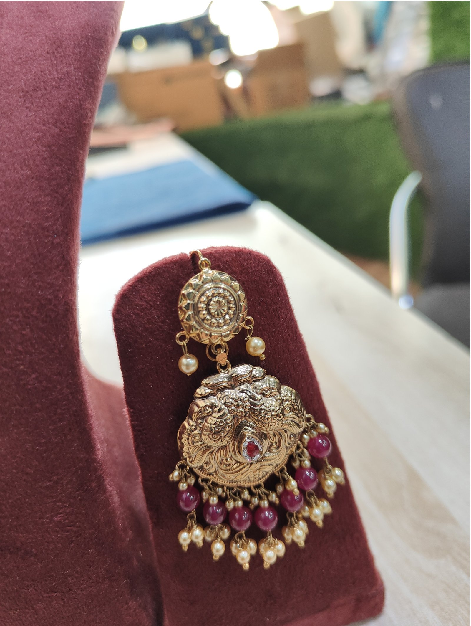 925 Sterling Silver Temple Necklace Set with Ruby Beads | Antique Gold Plated Choker Set | Bridal Indian Jewelry | Statement Pendant Set