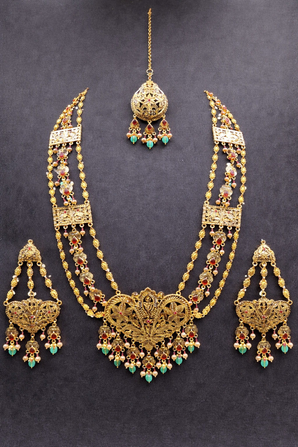 Bridal Maharani  Necklace Set 925 Sterling Silver Gold Plated | Kundan Ruby Green Beads Haar Set | Indian Wedding Jewelry – Anantra