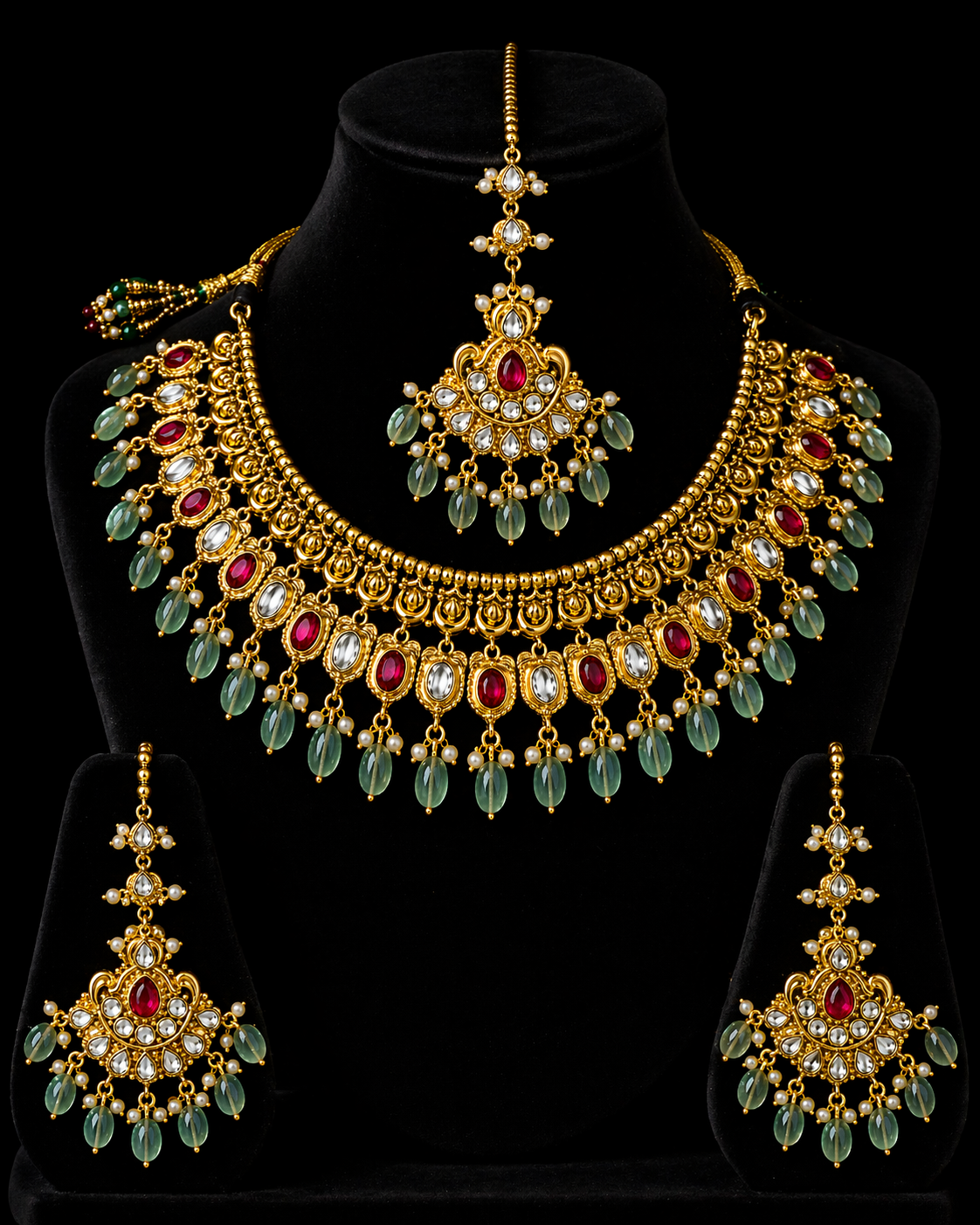 Bridal Polki Necklace Set in 925 Silver Gold Plated | Ruby & Green Beads Jewelry – Anantra