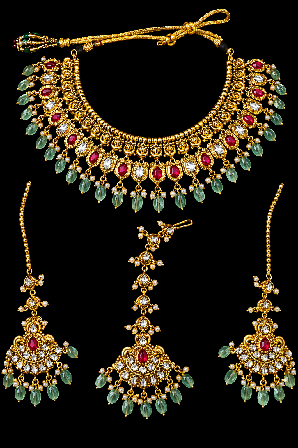 Bridal Polki Necklace Set in 925 Silver Gold Plated | Ruby & Green Beads Jewelry – Anantra