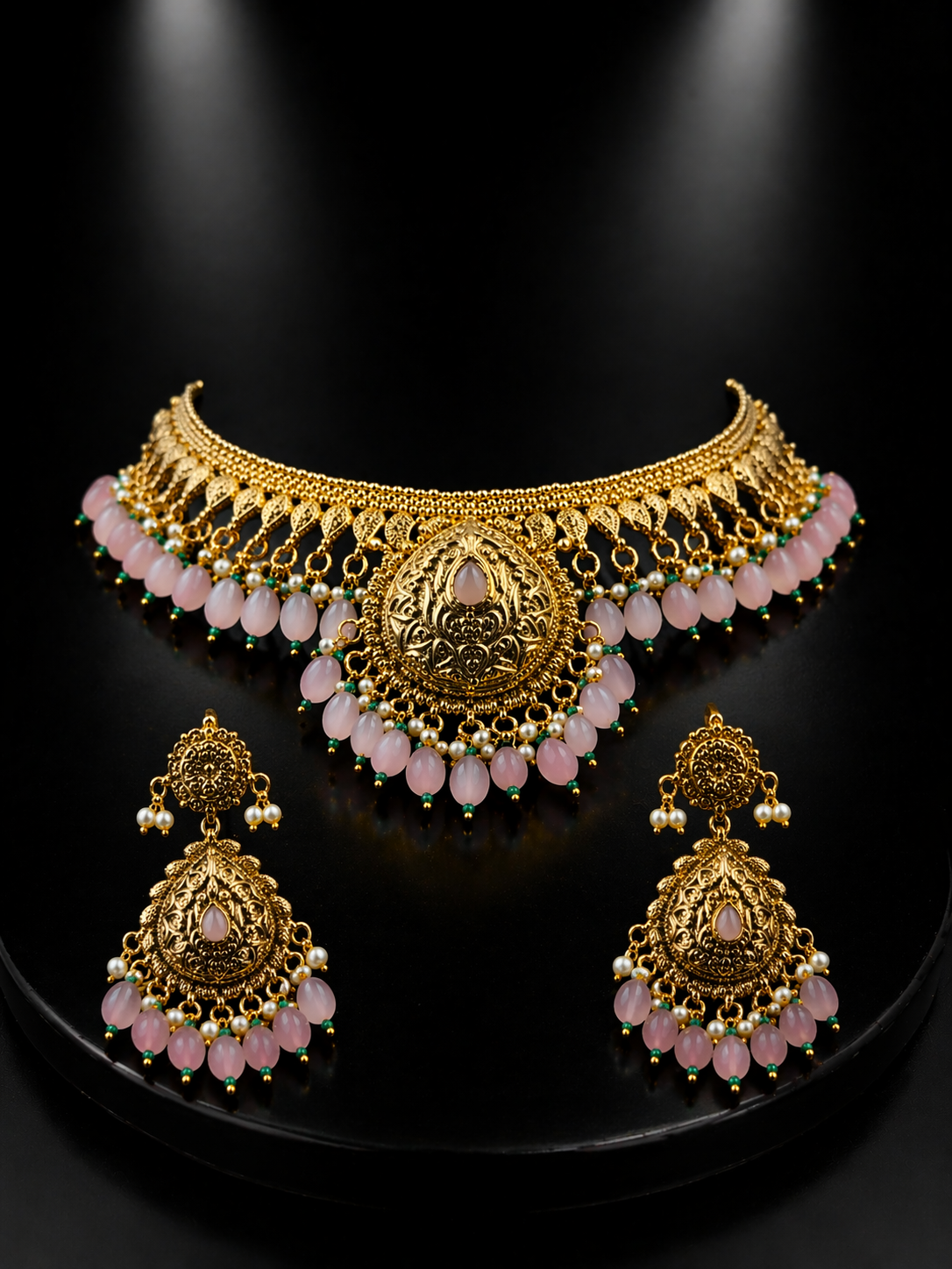 Antique Gold Finish 925 Sterling Silver Choker Necklace Set with Pink Stone Drops & Earrings | Bridal Jewelry | Anantra